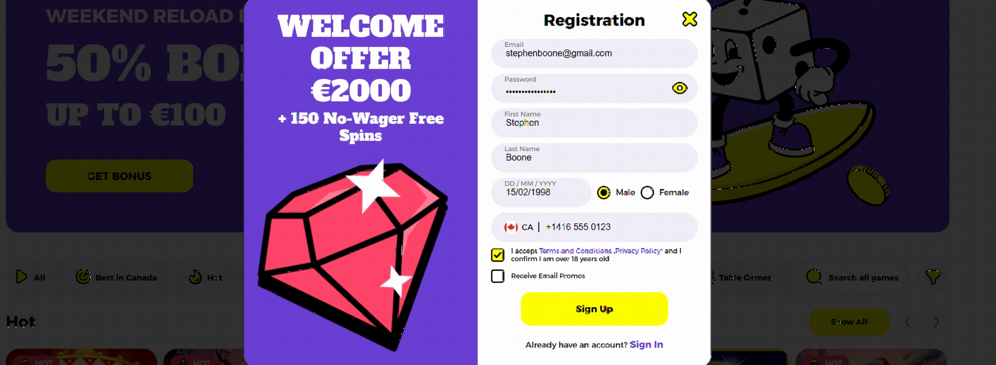 Let's Go Casino registration process interface